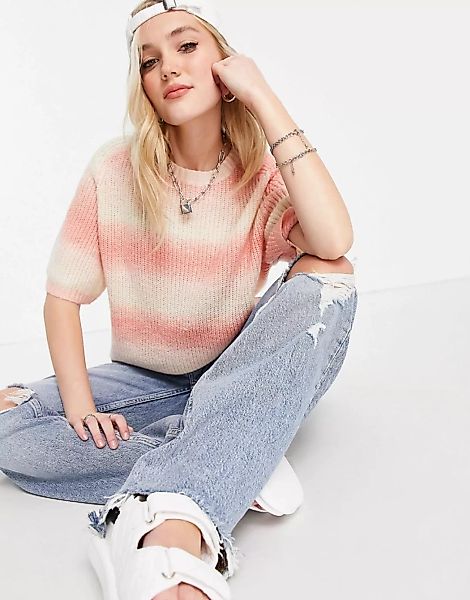 Pieces – Kurzärmliger Pullover in Rosa mit Streifen in Ombré-Optik-Mehrfarb günstig online kaufen