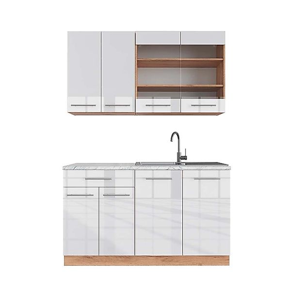 Vicco Fame-Line Singleküche Weiß Hochglanz/Goldkraft Eiche 140 cm AP Marmor günstig online kaufen