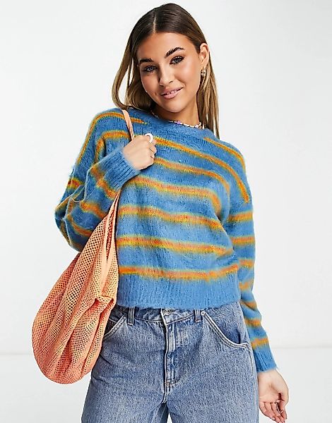 Obey – Kastiger, flauschiger Pullover mit lässigem Schnitt und Streifen-Bla günstig online kaufen