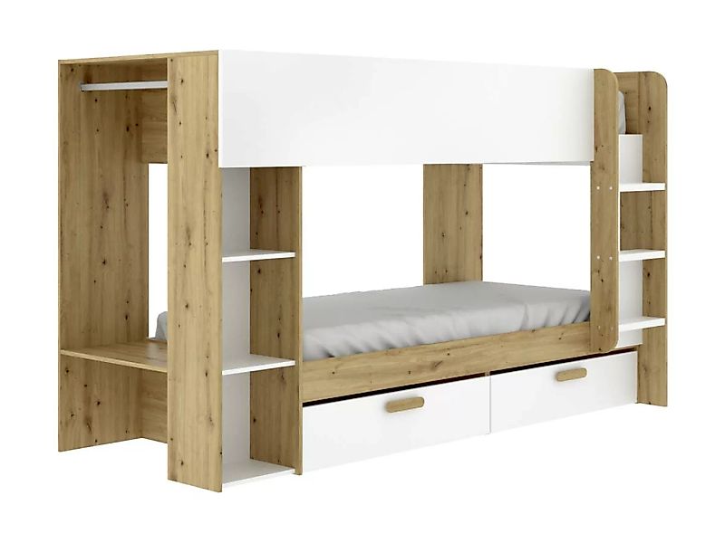Etagenbett mit Stauraum & Kleiderstange - 2 x 90 x 200 cm - Weiß & Holzfarb günstig online kaufen