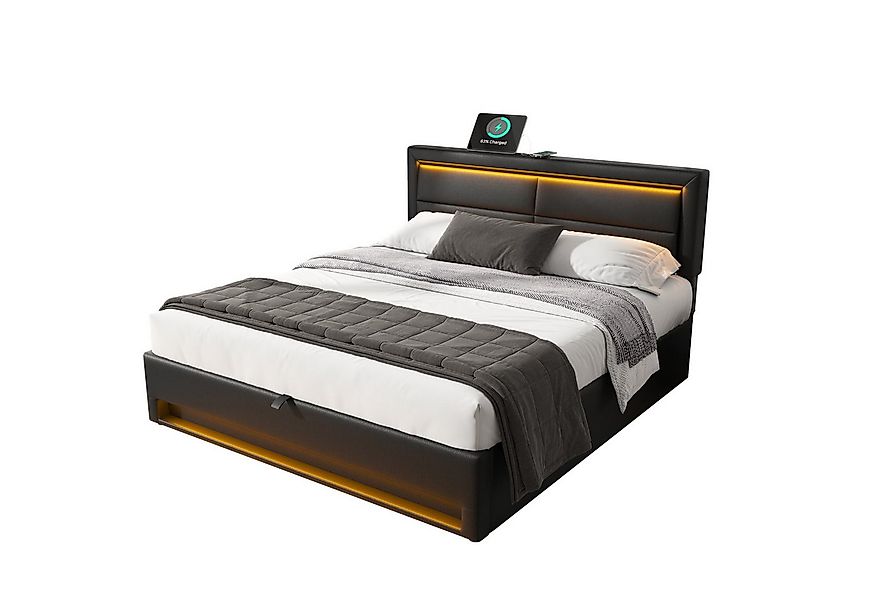 Flieks Polsterbett, LED Doppelbett 140x200cm mit USB-Anschluss und hydrauli günstig online kaufen