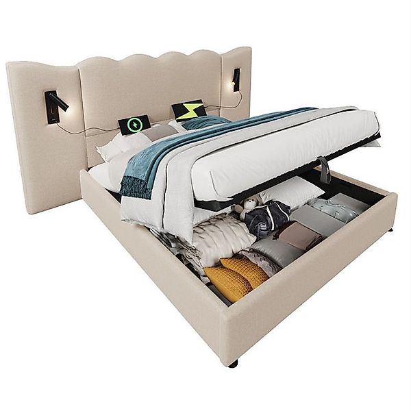Rutaqian Polsterbett Doppelbett mit Leselampe und USB Type-C Ladefunktion ( günstig online kaufen