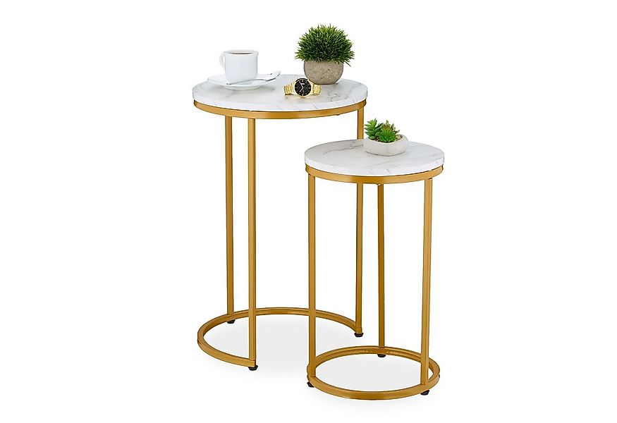 relaxdays Satztisch 2er Set Marmoroptik & Metall (2er Set), Weiß/Gold günstig online kaufen