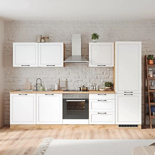 Küchenzeile 300 cm mit E-Geräten in weiß und Eiche, Arbeitsplatte in Eiche, günstig online kaufen