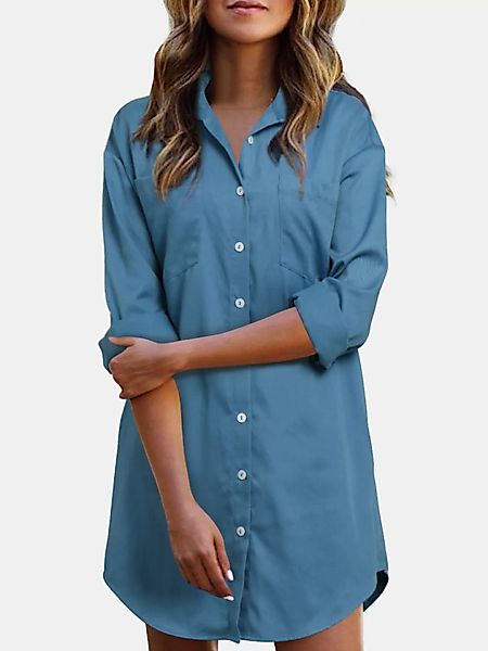 Einfarbiger Langarm-Umschlagkragen Mini Kleid Für Damen günstig online kaufen