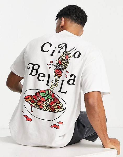 New Love Club – Oversize-T-Shirt in Weiß mit Spaghetti-Print am Rücken günstig online kaufen