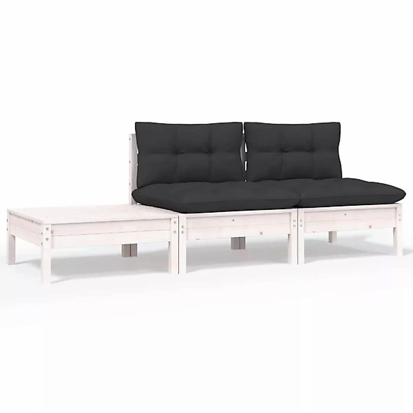 3-tlg. Garten-lounge-set Mit Kissen Weiß Kiefer Massivholz günstig online kaufen