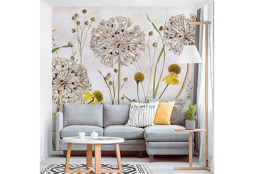 Bilderdepot24 Vliestapete Vintage Allium Helenium Illustration Blumen Beige günstig online kaufen
