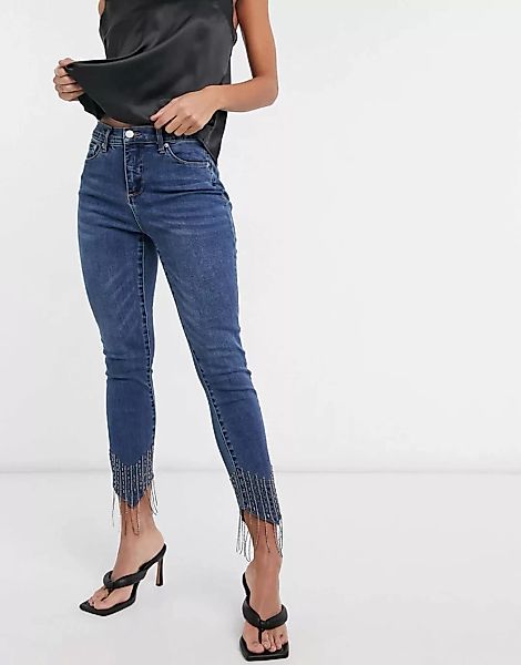 Blue Revival – Eng geschnittene Jeans in mittelblauer Waschung mit Strassfr günstig online kaufen