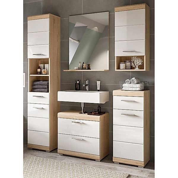 Inn.Furn Badmöbel Set 5-teilig 164 cm in Weiß Hochglanz und Eiche Mambo günstig online kaufen