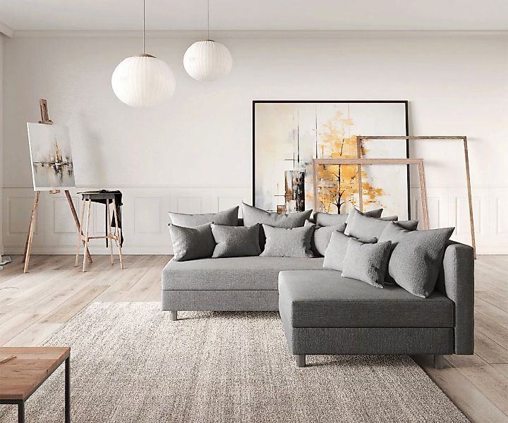 DELIFE Ecksofa Clovis, Grau Flachgewebe Ottomane günstig online kaufen