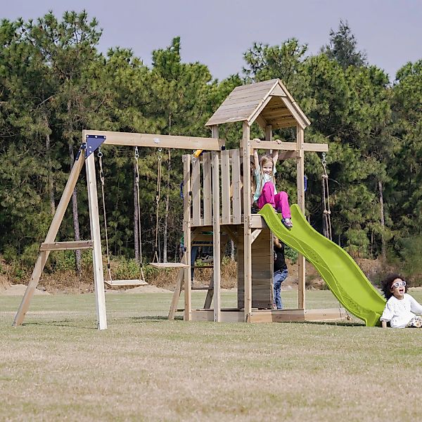 Axi Spielturm Moos mit Doppelschaukel Braun und Rutsche Grün FSC® günstig online kaufen