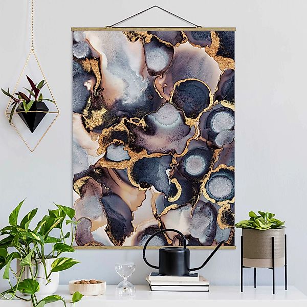 Stoffbild Abstrakt mit Posterleisten - Hochformat Marmor Aquarell mit Gold günstig online kaufen
