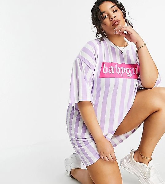 I Saw It First Plus – Oversized T-Shirt-Kleid mit Motiv und Streifen in Fli günstig online kaufen