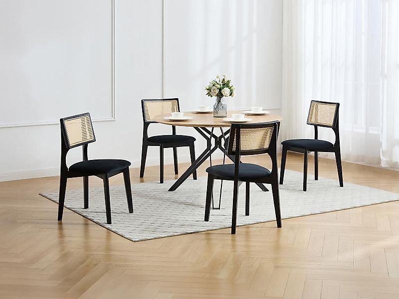 6er-Set Stühle - Samt - Rattaneffekt & Kautschukholz - Schwarz - CALENYA günstig online kaufen