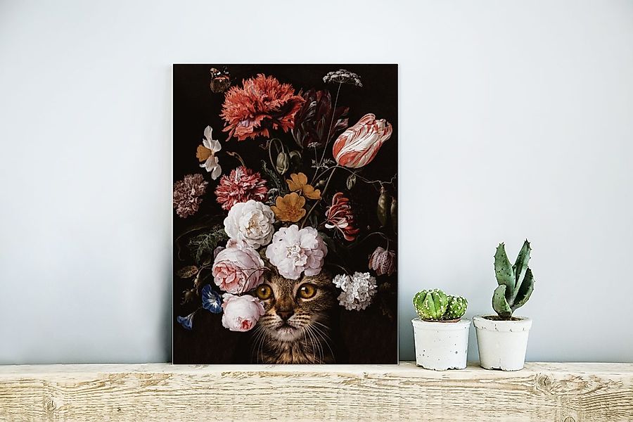 MuchoWow Metallbild Katze - Blumen - günstig online kaufen