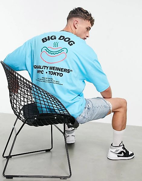 ASOS DESIGN – Oversize-T-Shirt aus Bio-Baumwollmix in Blau mit Cartoon-Prin günstig online kaufen