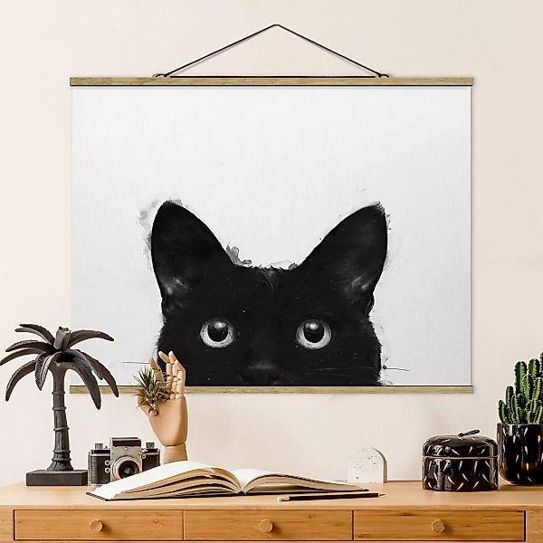 Stoffbild Tiere mit Posterleisten - Querformat Illustration Schwarze Katze günstig online kaufen