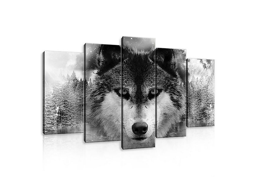 Wallarena Leinwandbild Wolf Tiere Wald Grau Set Wand Deko XXL Wandbilder Mo günstig online kaufen