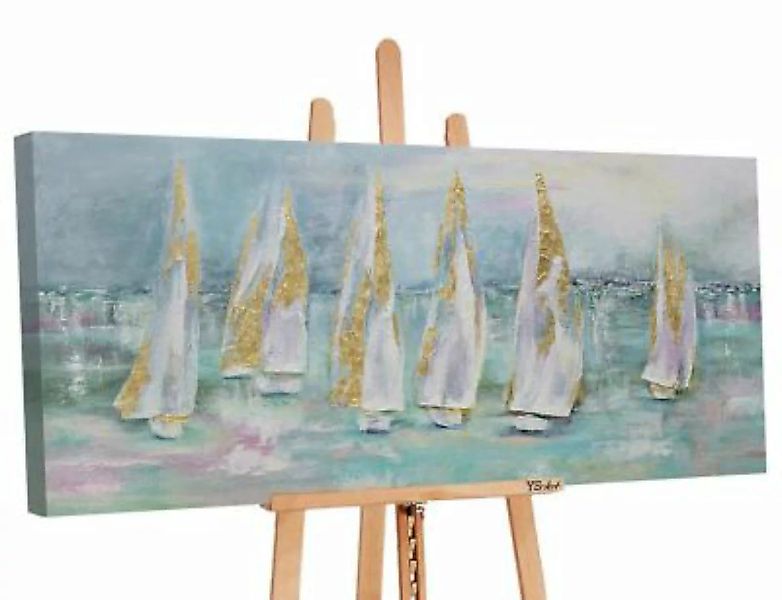 YS-Art™ Gemälde YS-Art Meeresgemälde „Segelboote“ in Türkis und Gold. Acryl günstig online kaufen