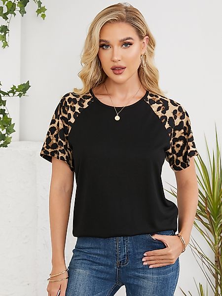 YOINS Schwarzes T-Shirt mit Rundhalsausschnitt und Leoparden-Raglanärmeln günstig online kaufen