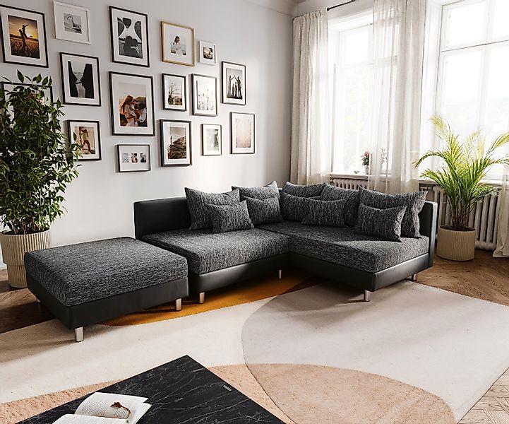 Ecksofa Clovis Schwarz mit Hocker Ottomane Rechts Modular günstig online kaufen