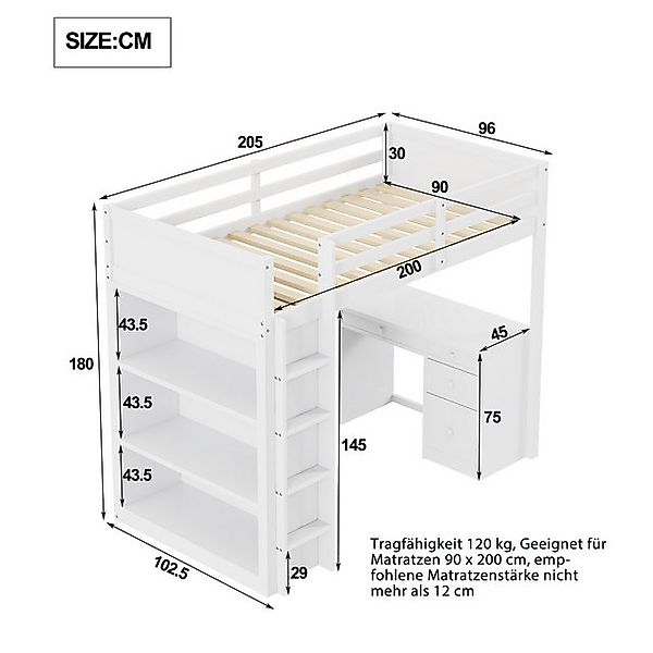 Merax Hochbett (multifunktionales Holzbett) Kinderbett 90x200cm mit Aufbewa günstig online kaufen