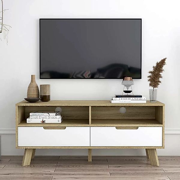 140 cm breite TV Bank in Weiß und Sonoma Eiche zwei Schubladen günstig online kaufen