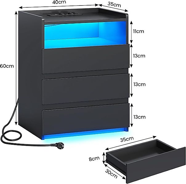 MSMASK Nachttisch mit 3 Schubladen, Steckdosenleiste und LED-Beleuchtung (1 günstig online kaufen