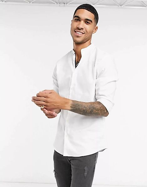 Selected Homme – Hemd aus Bio-Baumwollmix in Weiß mit Grandad-Kragen günstig online kaufen