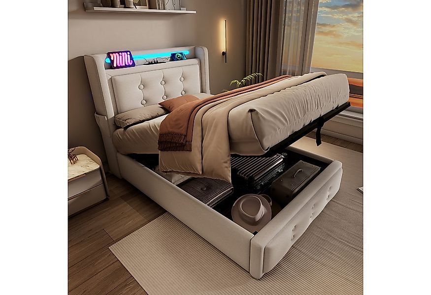 Flieks Polsterbett, LED Einzelbett 90x200cm mit Ladefunktion und hydraulisc günstig online kaufen