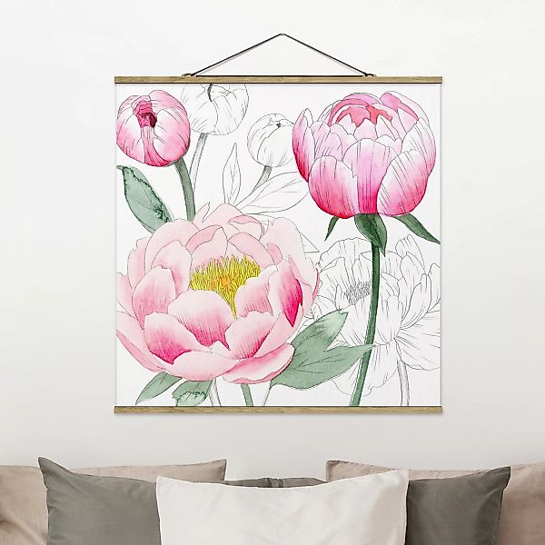 Stoffbild Blumen mit Posterleisten - Quadrat Zeichnung Rosa Päonien II günstig online kaufen