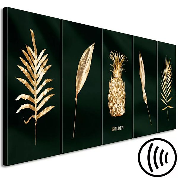 Wandbild Goldpflanze - 5-teiliges Bild mit Blättern und Früchten in Gold XX günstig online kaufen