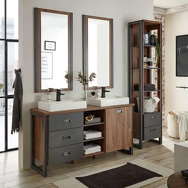 Badmöbel Set mit 2 Waschplätzen Industry und Loft Stil (vierteilig) günstig online kaufen