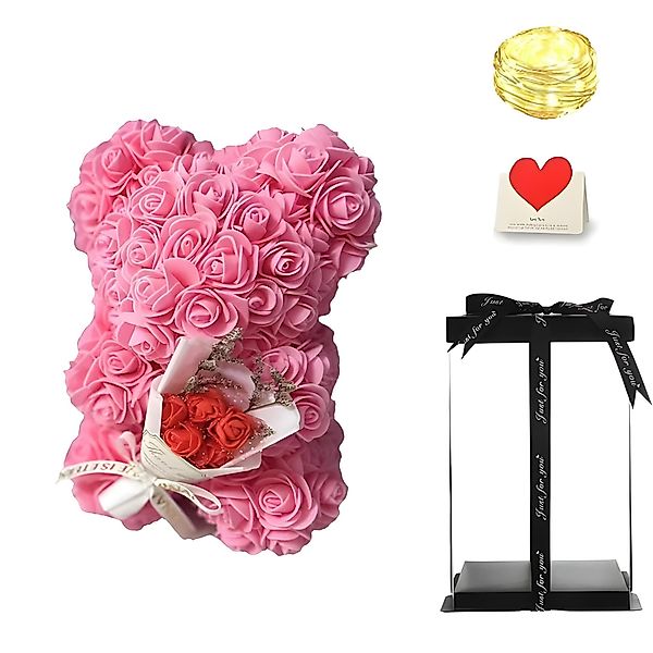Kunstblume Rosenbär inkl. Geschenkbox & Lichterkette günstig online kaufen