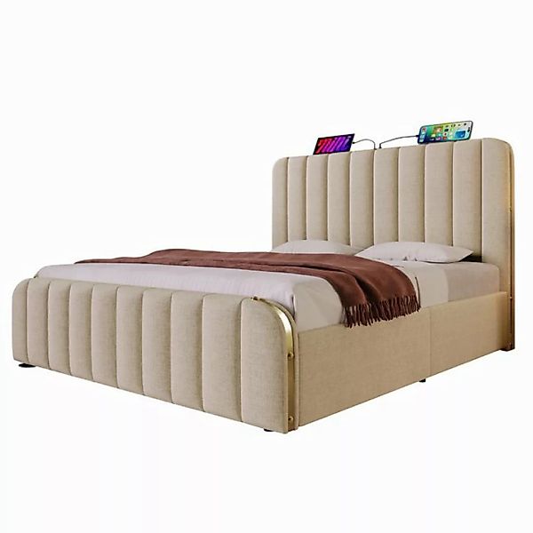 MODFU Polsterbett Doppelbett mit goldenen Zierstreifen (Beige Leinen-Materi günstig online kaufen