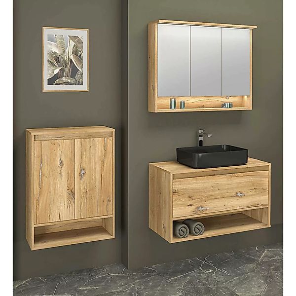 Badmöbel Set Waschtisch mit Aufsatzwaschbecken Eiche MILAZZO-147, 3-teilig günstig online kaufen