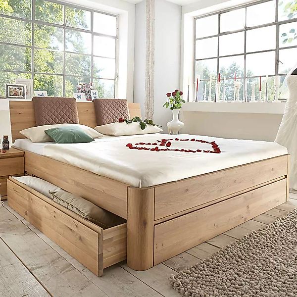 Bett System mit Stauraum in Wildeiche Bianco 216 cm tief günstig online kaufen