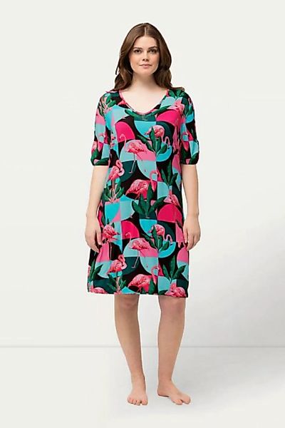 Ulla Popken Midikleid Jerseykleid Flamingos A-Linie V-Ausschnitt Halbarm günstig online kaufen