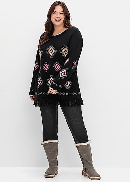 Sheego Strickpullover Strickpullover Langarm mit Ethnomuster und Fransen günstig online kaufen