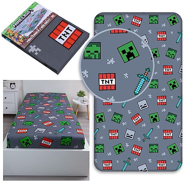 Sarcia.eu Spannbettlaken Minecraft Kinderbettlaken Grau 90x200+25cm günstig online kaufen