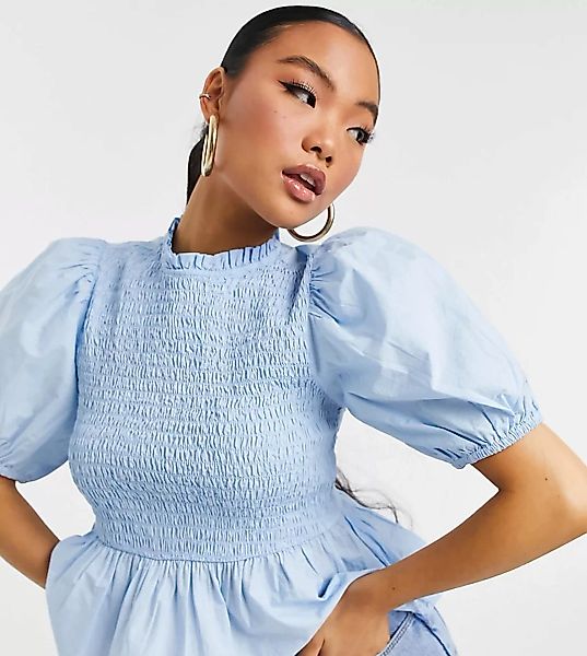 New Look Petite – Bluse in Blue mit geraffter Vorderseite-Blau günstig online kaufen