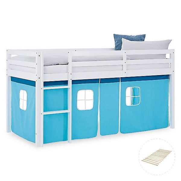 Homestyle4u Hochbett 90x200 Kinderbett Weiß mit Vorhang Blau 1 Kind Kiefer günstig online kaufen