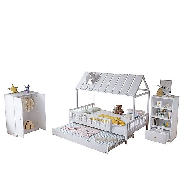 MODFU Kinderbett Hausbett (Komplettschlafzimmer Set, 3-tlg.Hausbett+Kleider günstig online kaufen