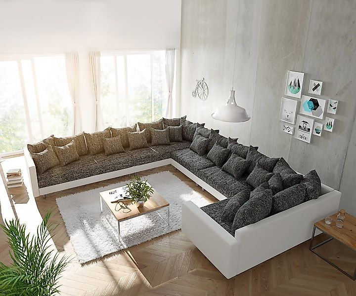 Wohnlandschaft Clovis XXL Weiss Schwarz mit Armlehne Ottomane Links günstig online kaufen