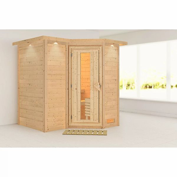 Woodfeeling Sauna Steena 1 naturbelassen mit Dachkranz und Energiespartür günstig online kaufen