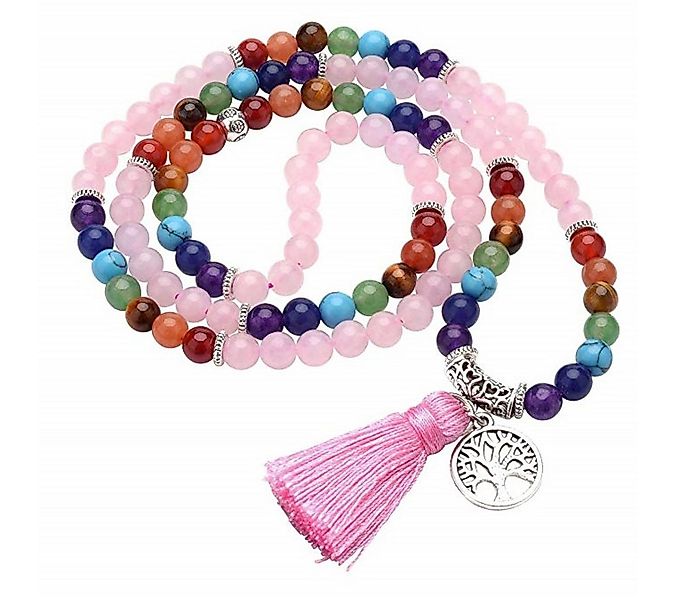 Saraswati Lange Kette Mala "Chakra Lebensbaum" 108 Rosenquarz- und Chakra E günstig online kaufen