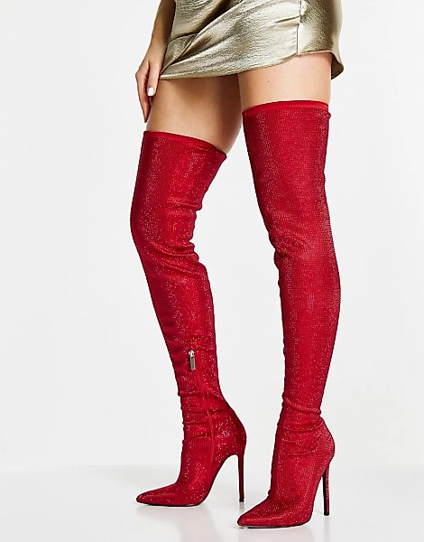 ASOS DESIGN – Kamila – Verzierte Overknee-Stiefel in Rot günstig online kaufen