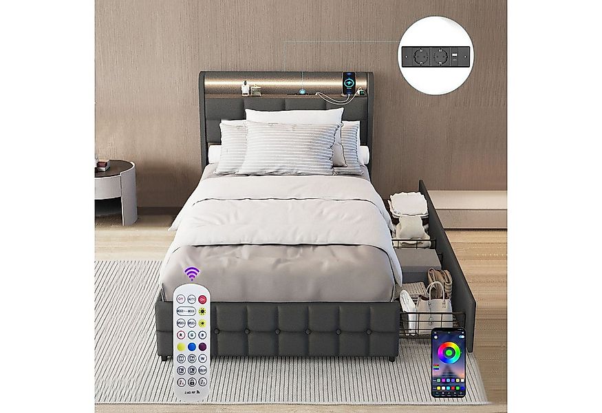 oyajia Polsterbett LED Doppelbett 140x200cm mit Ladefunktion und 2 Schublad günstig online kaufen