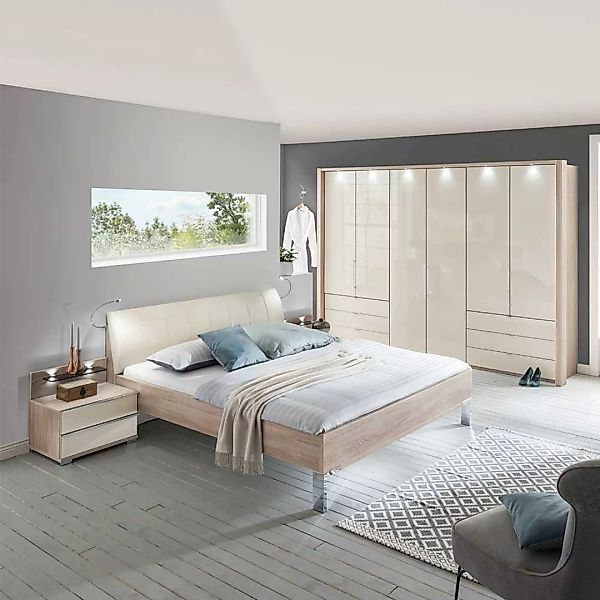 Schlafzimmer Set in Eiche Sägerau Cremefarben mit Glas beschichtet (viertei günstig online kaufen